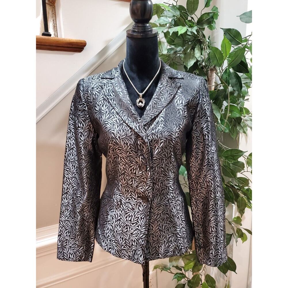 Jenni Max Vintage Black & Silver Single Breasted Super Shine Leaf Blazer Size 6